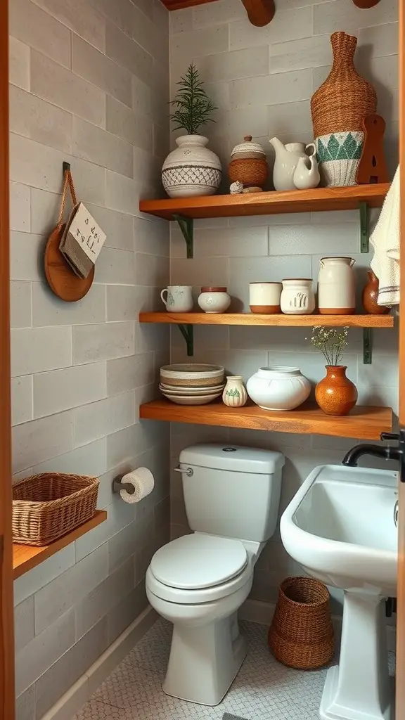 Shelves displaying handmade pottery and decor in a cozy bathroom setting