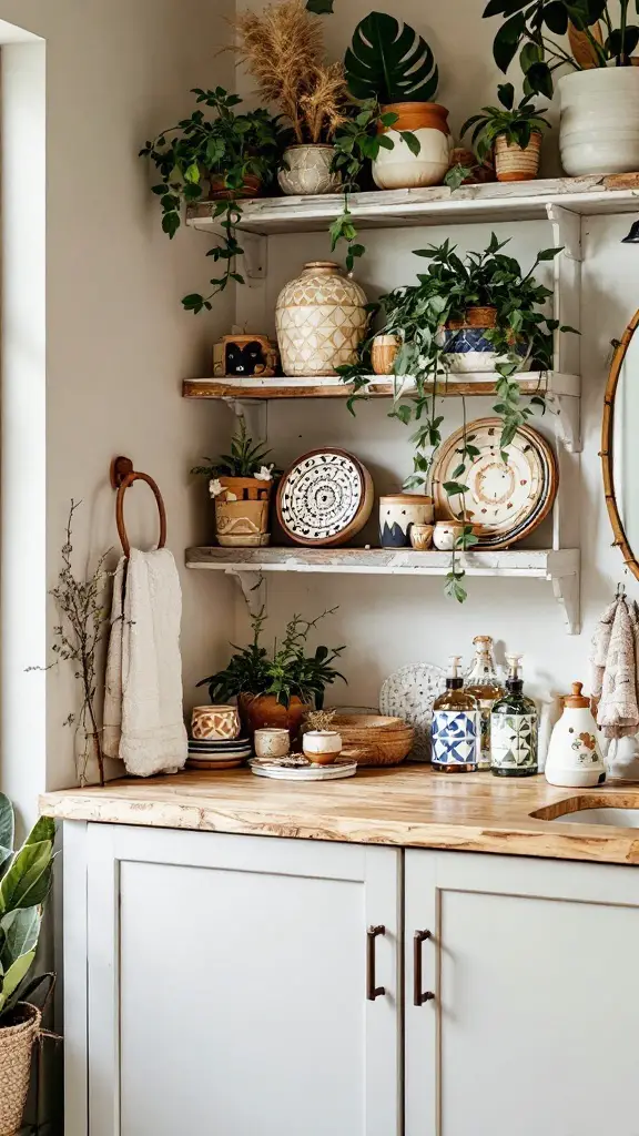 A bathroom featuring handmade pottery decor on shelves, showcasing earthy tones and textures.