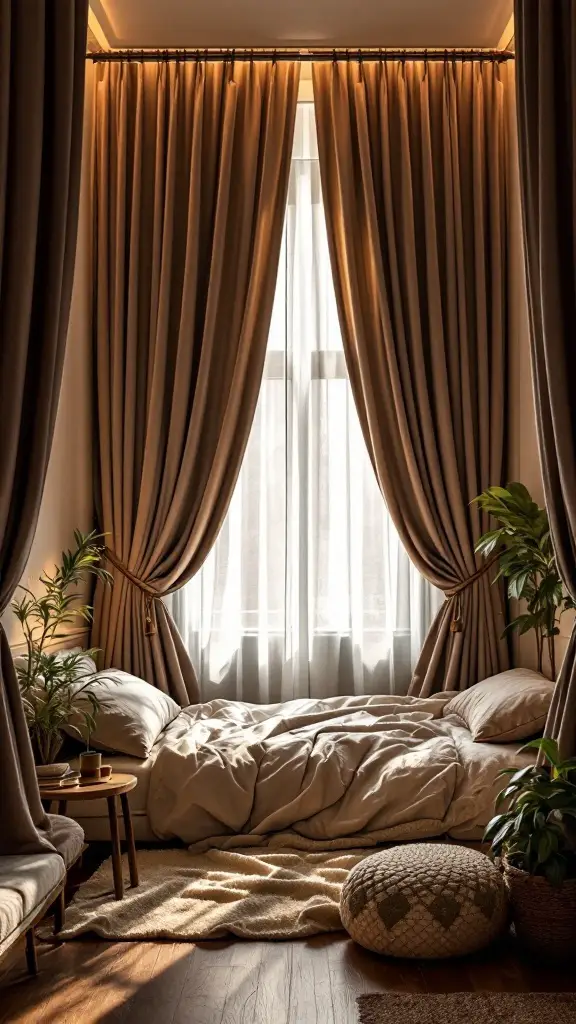 A small bedroom featuring high-hung curtains, a bed, and light decor.