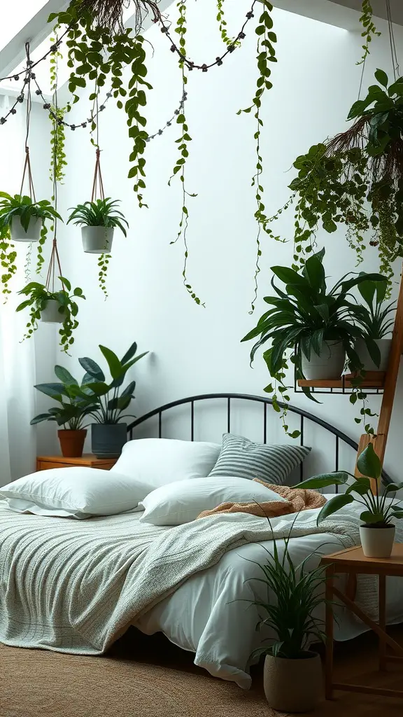 A cozy bedroom adorned with hanging plants and greenery, creating a magical and earthy atmosphere.