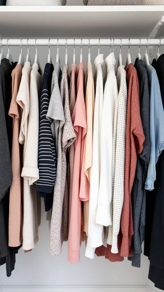 A neat row of seasonal clothing hanging on a rod, featuring a variety of colors and textures.