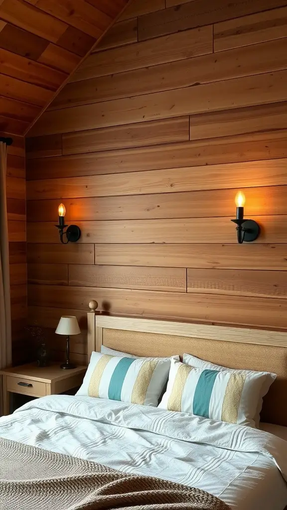A cozy bedroom featuring natural wood walls with hanging sconces, a bed with striped pillows, and a nightstand.