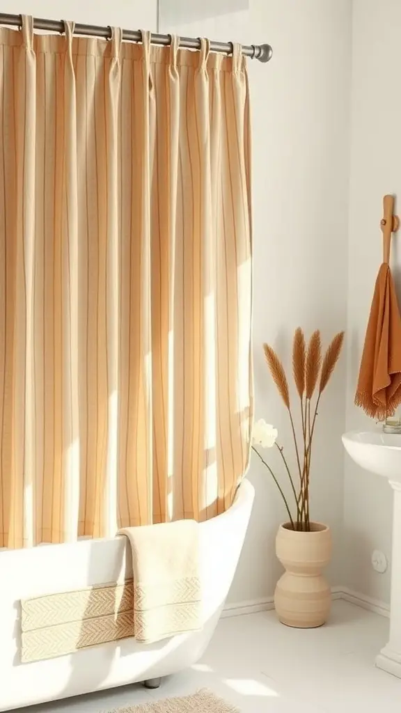 A bathroom featuring a textured hemp curtain with bold letters, a freestanding bathtub, and natural decor.