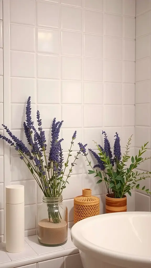 A bathroom corner featuring lavender flowers in various vases, set against white tiled walls