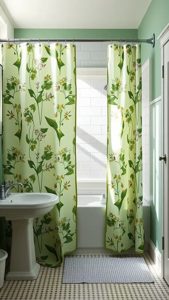 A bathroom with herbal green shower curtains featuring floral patterns, complemented by a white sink and a bathtub.