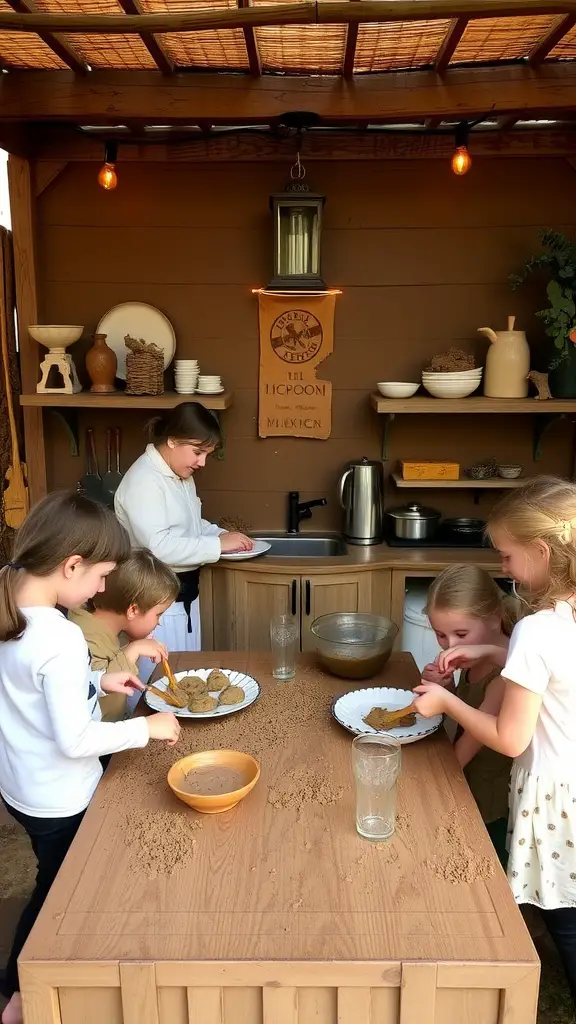 Two children playing in a mud kitchen, preparing food in an imaginary restaurant setup with wooden shelves and colorful bowls.