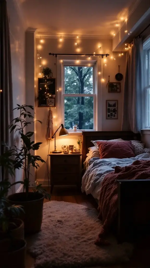 A cozy bedroom illuminated by soft lighting, featuring fairy lights and a bedside lamp.