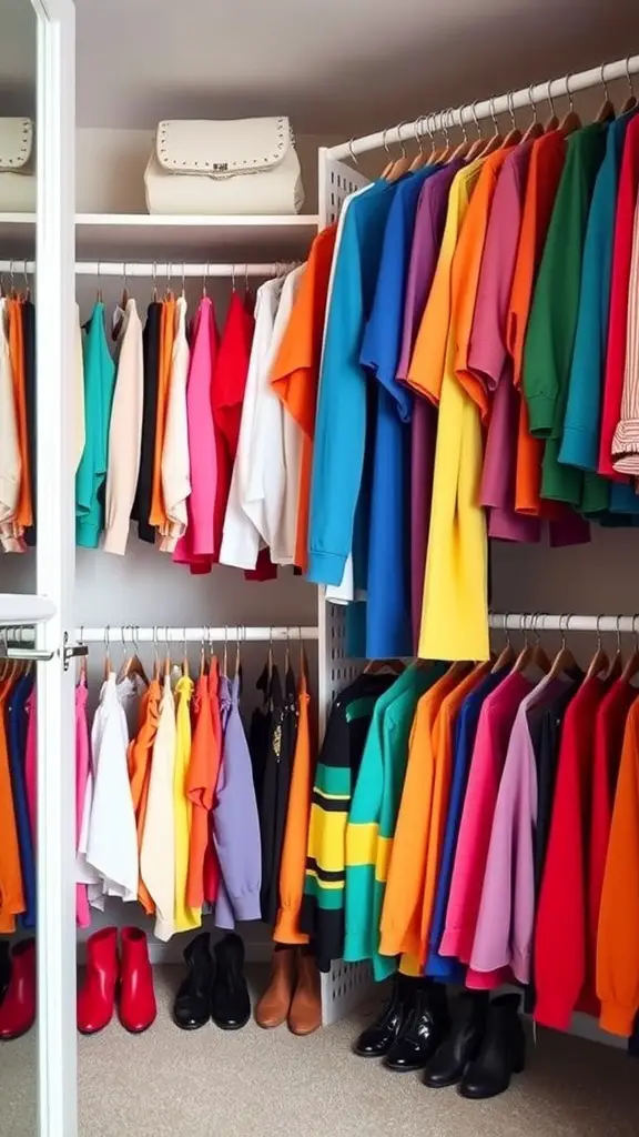 A colorful and organized closet with clothes arranged by color.