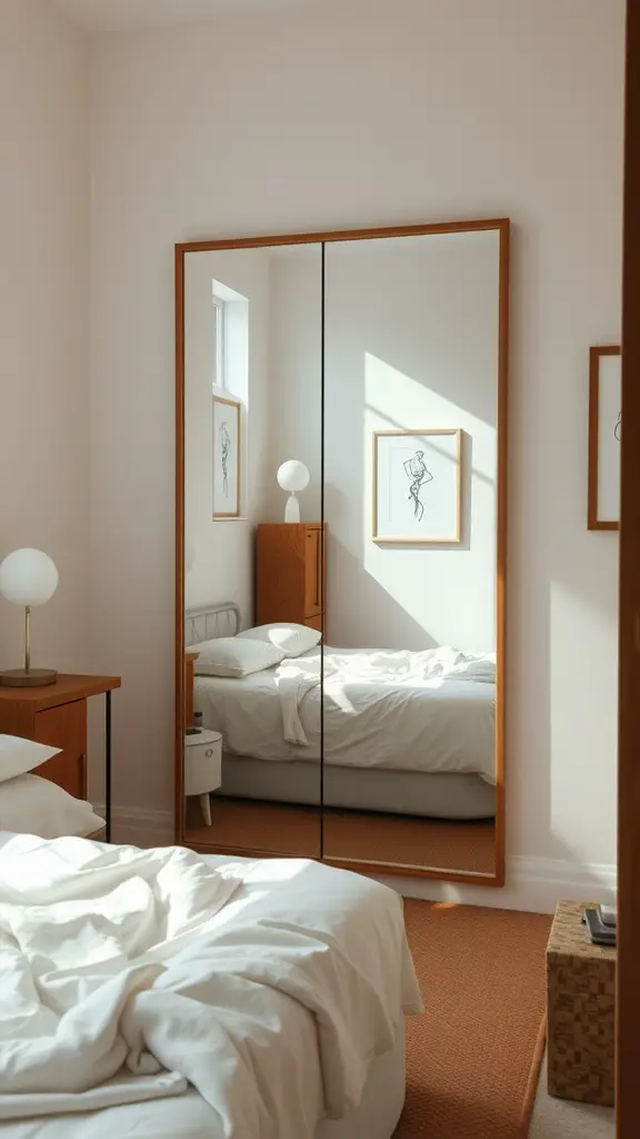 A cozy bedroom featuring a large mirror that reflects natural light, enhancing the space.