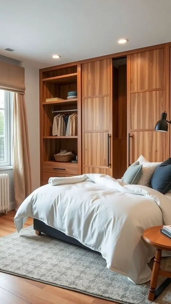 A small bedroom featuring a sliding door, wooden bed frame, and cozy decor.