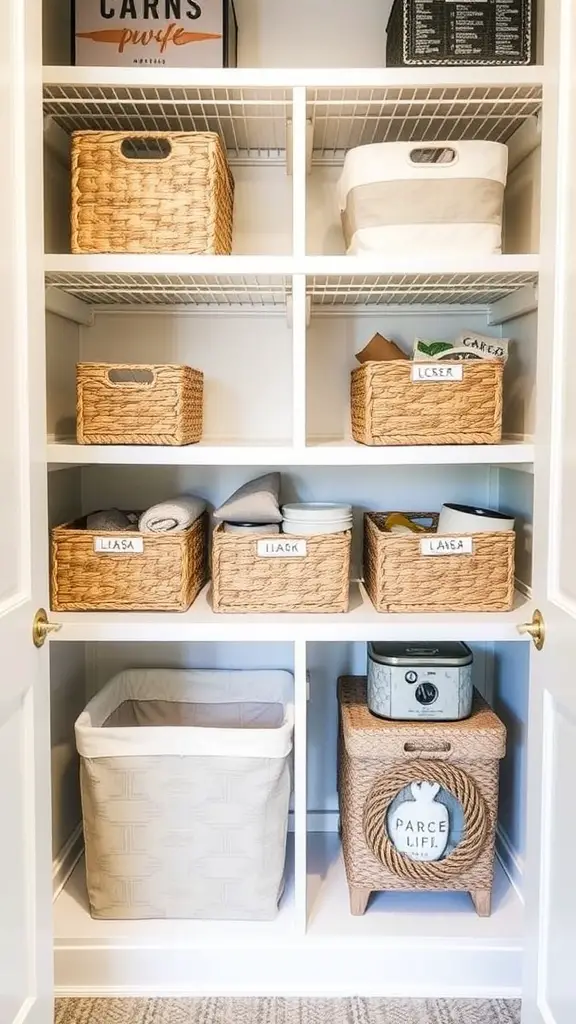 A well-organized closet featuring labeled baskets neatly arranged on shelves, showcasing various sizes and materials.