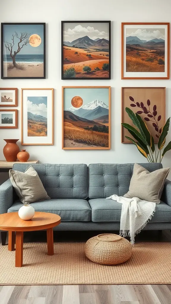 A living room with a grey couch, earthy artwork on the wall, and natural decor.