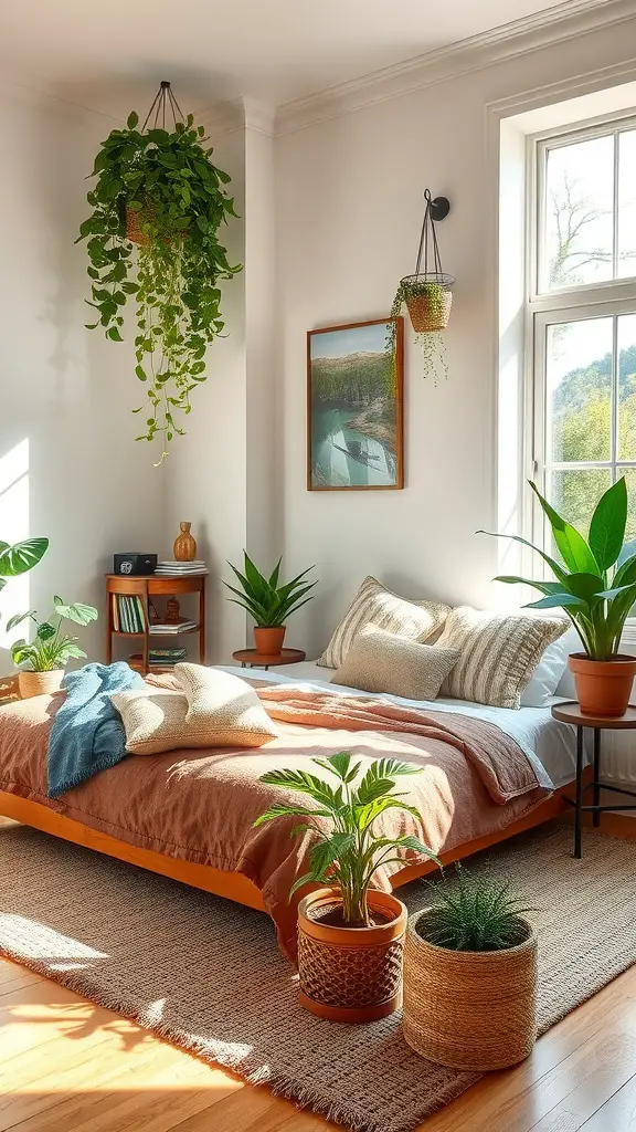 A cozy bedroom featuring various green plants, a wooden bed, and soft bedding.