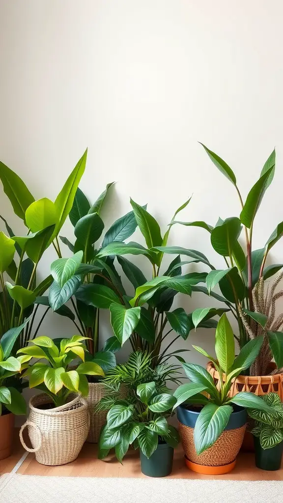 A collection of indoor plants in various pots arranged in a living room setting.