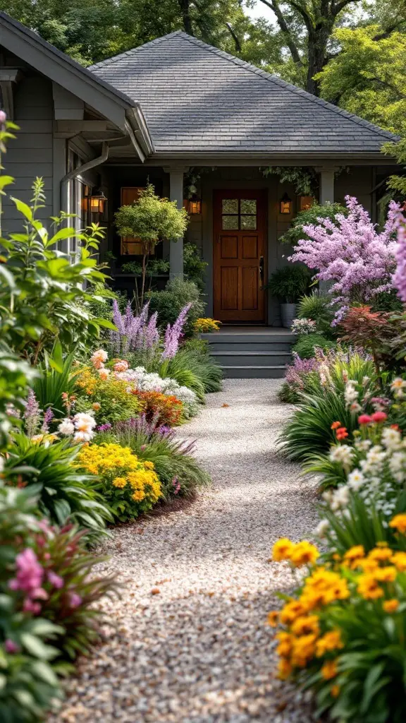 A colorful front yard with various native plants and flowers arranged in curved beds.