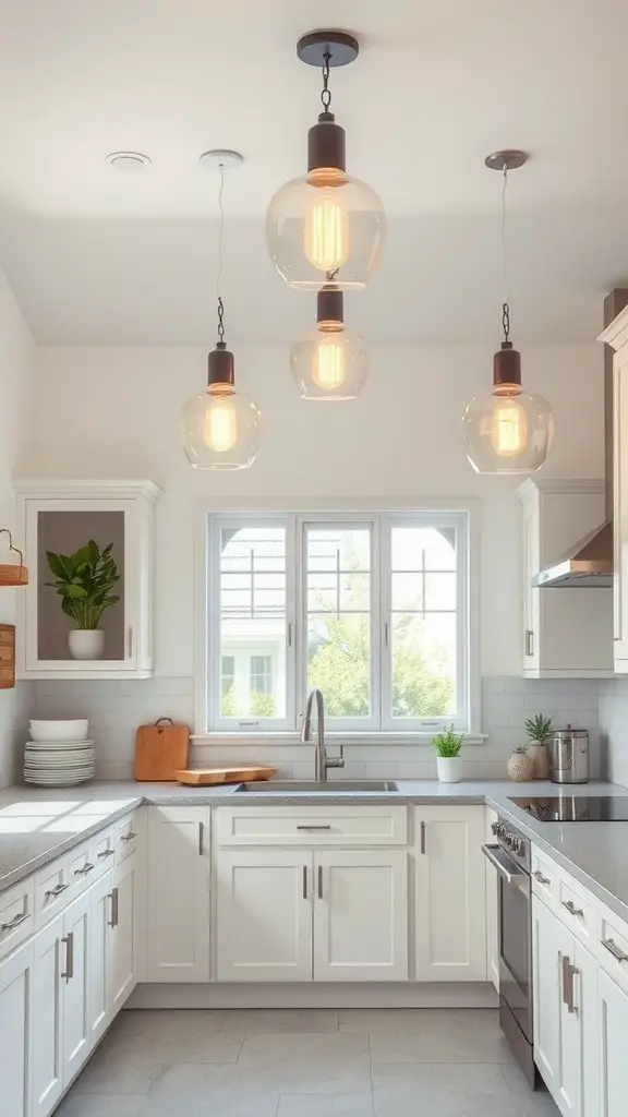 A modern kitchen featuring white cabinets and stylish glass pendant lights.