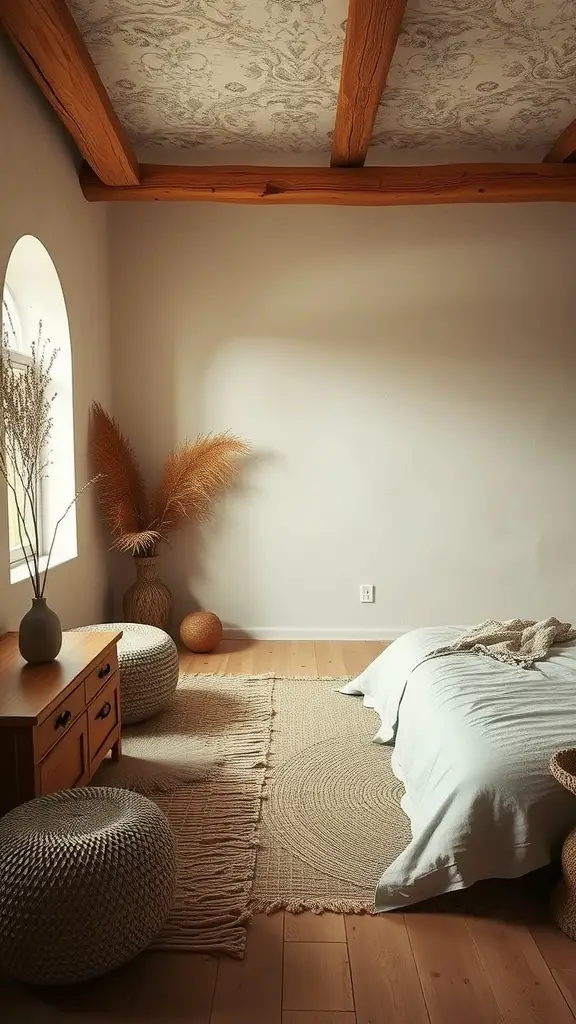 A serene master bedroom featuring natural textures, wooden beams, a woven rug, and soft bedding.