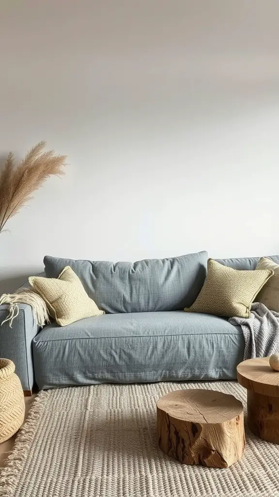 A grey couch with a soft throw and pillow, surrounded by natural textures like a woven basket and smooth stones, creating a calm living room atmosphere.