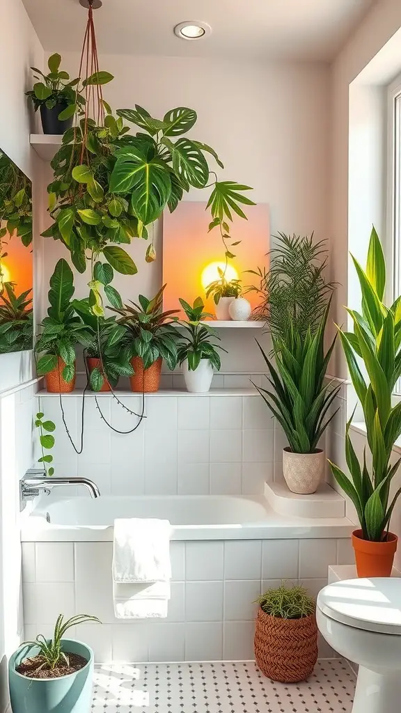 A bright bathroom filled with various indoor plants, creating a refreshing and serene atmosphere.