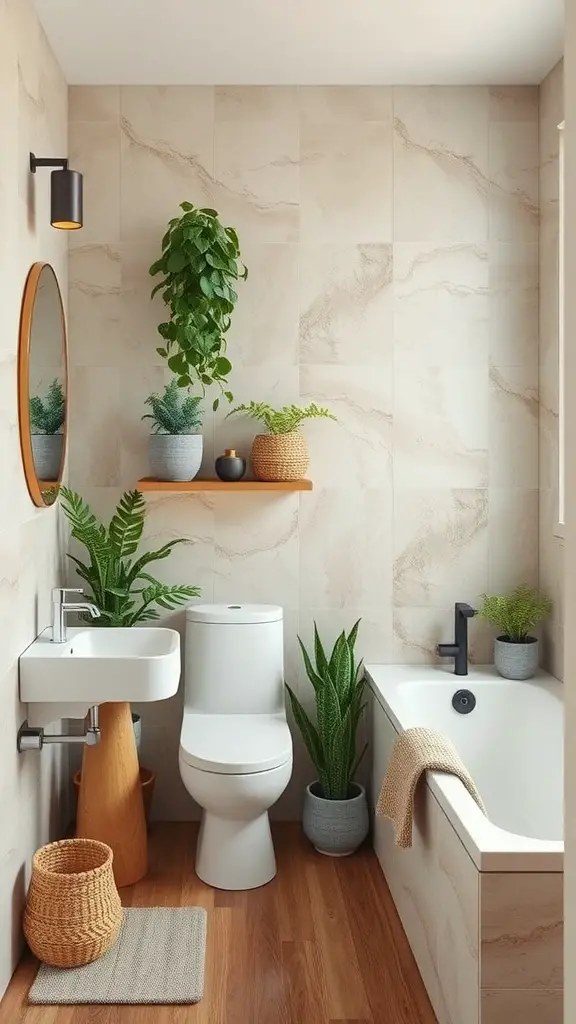Stylish modern half bathroom with various plants, earthy tones, and wooden accents