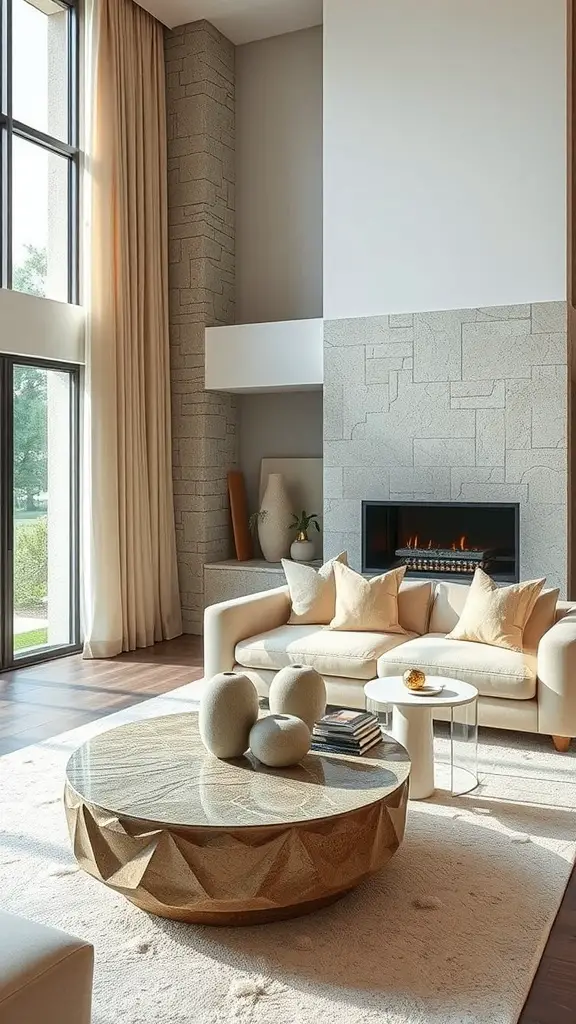 A modern living room featuring a stone fireplace, leather furniture, and greenery, creating an earthy aesthetic.