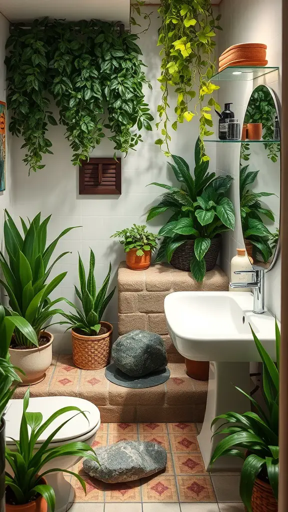 A bathroom filled with various plants, featuring a bathtub, sink, and warm wooden accents.