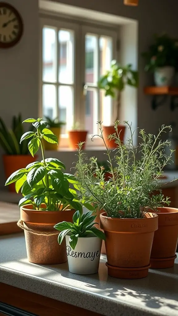 Indoor herb garden with various plants in terracotta pots on a kitchen counter.