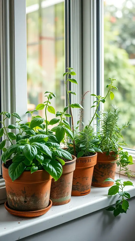 Indoor herb garden with various herbs in terracotta pots by a window