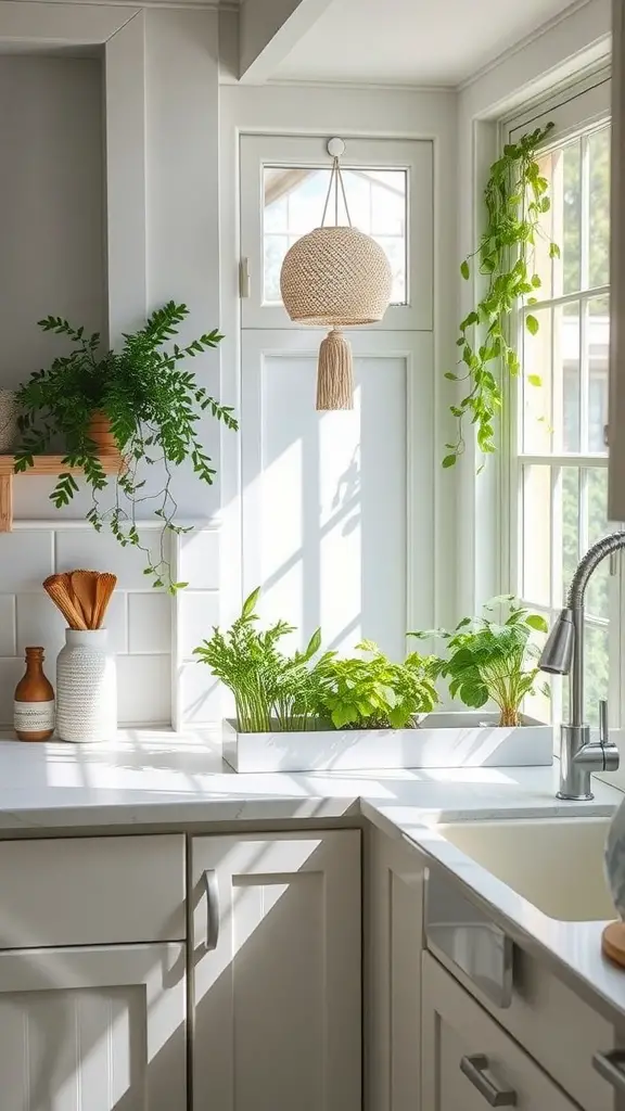 A bright kitchen window featuring an indoor herb garden with various green plants.