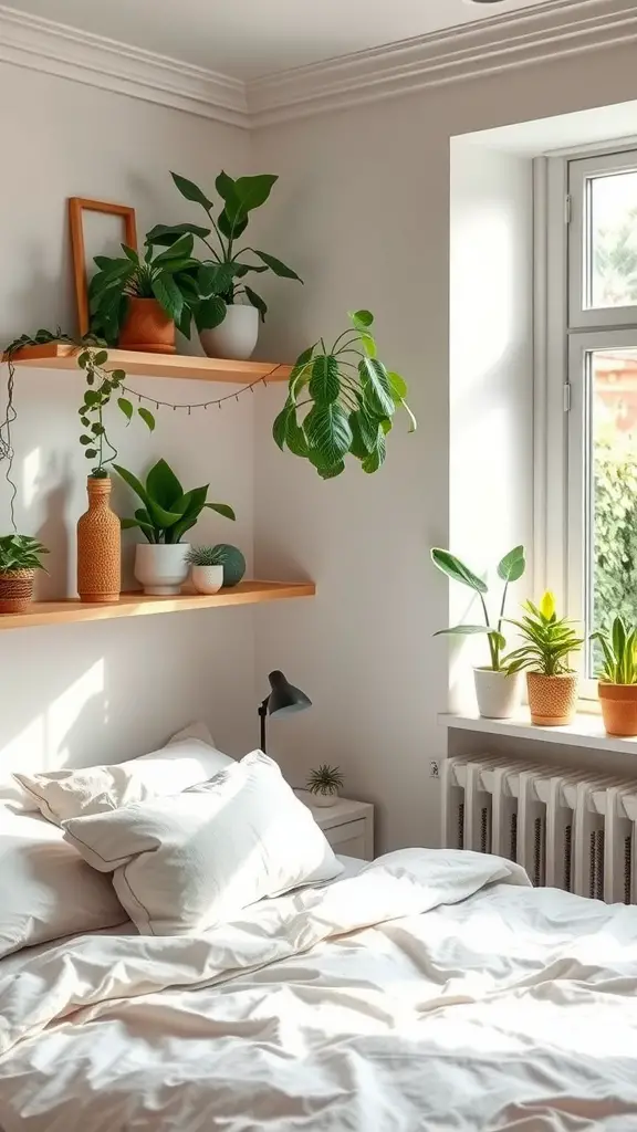 A cozy bedroom with indoor plants displayed on shelves and window sills.