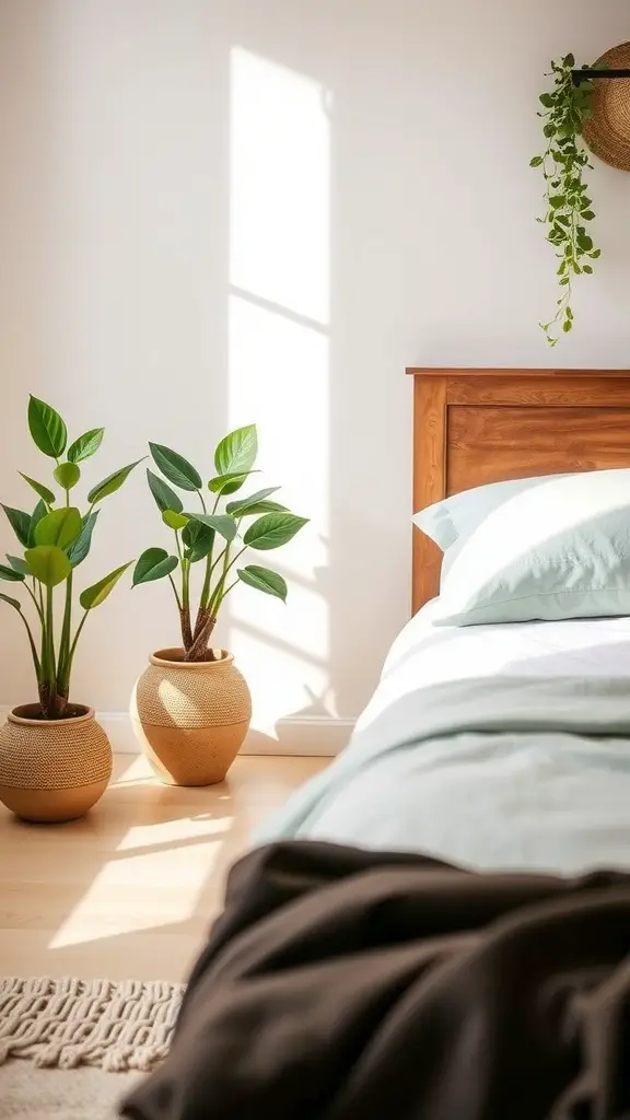 A cozy bedroom with various indoor plants in different pots, creating a natural and earthy atmosphere.