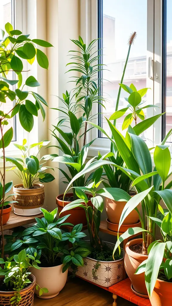 A cozy indoor space filled with a variety of plants in neutral pots, creating a warm and inviting atmosphere.