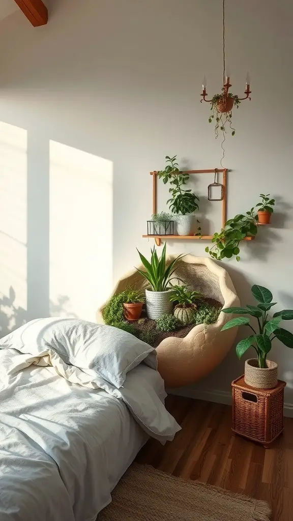 A cozy bedroom filled with various indoor plants, featuring a bed, a window, and a relaxed atmosphere.