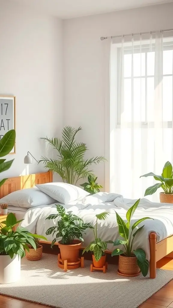 A bright and airy bedroom featuring a wooden bed surrounded by various indoor plants in decorative pots, showcasing a serene and earthy atmosphere.