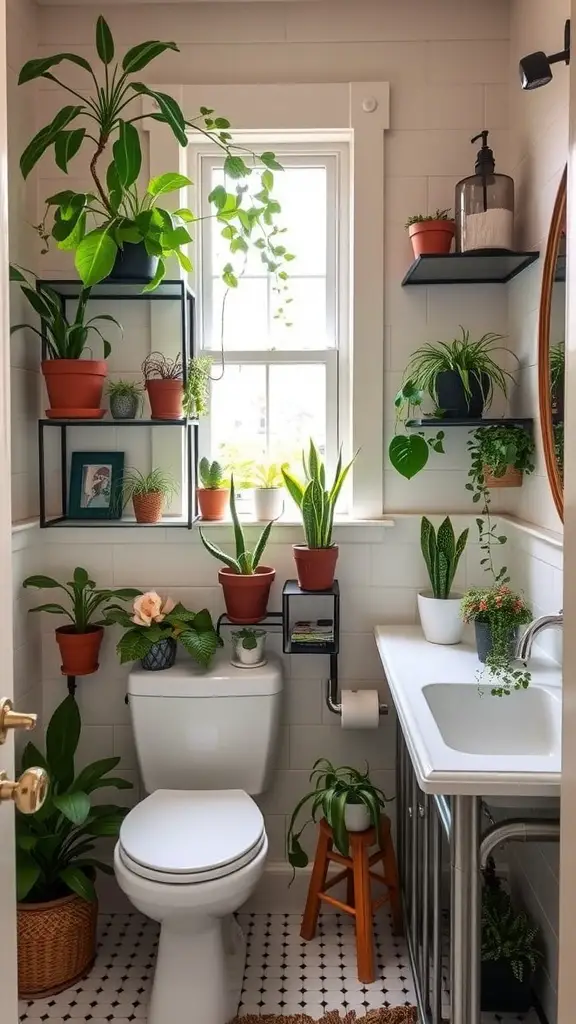 Indoor plants displayed in a small, light pink half bathroom.