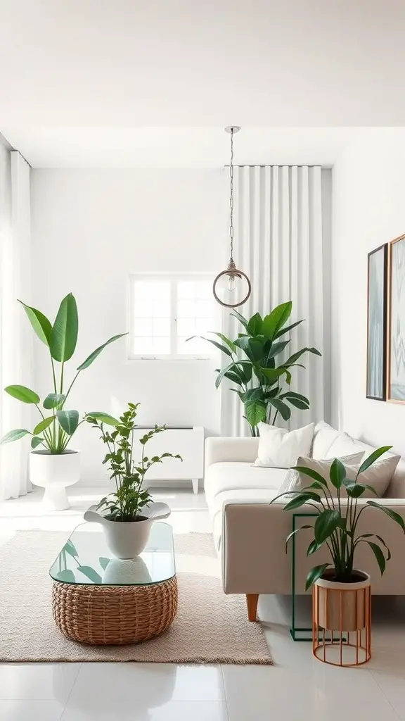 Bright minimalist living room with indoor plants and a cozy atmosphere