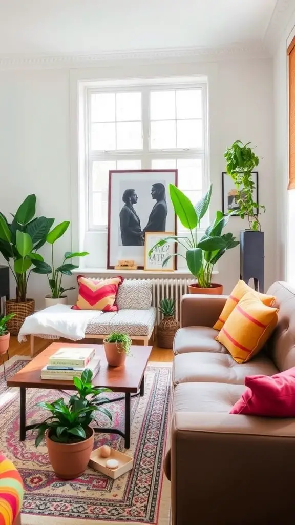 Cozy living room filled with various indoor plants, a comfortable orange sofa, and a cozy rug.