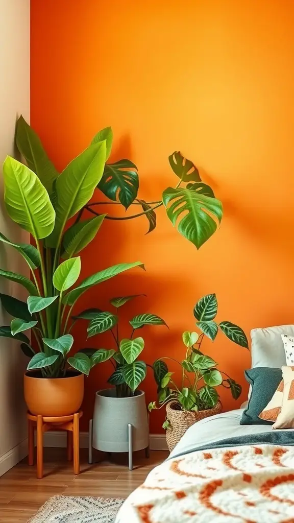 A cozy bedroom with a burnt orange wall and various indoor plants in stylish pots, adding a lush feel.