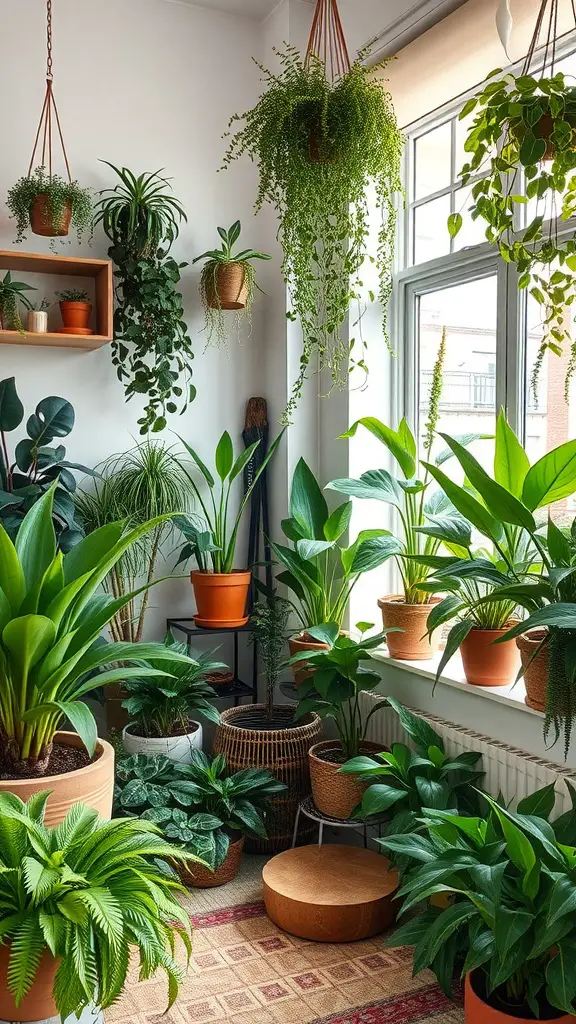 A cozy corner filled with various indoor plants in stylish pots, creating a fresh and inviting atmosphere.