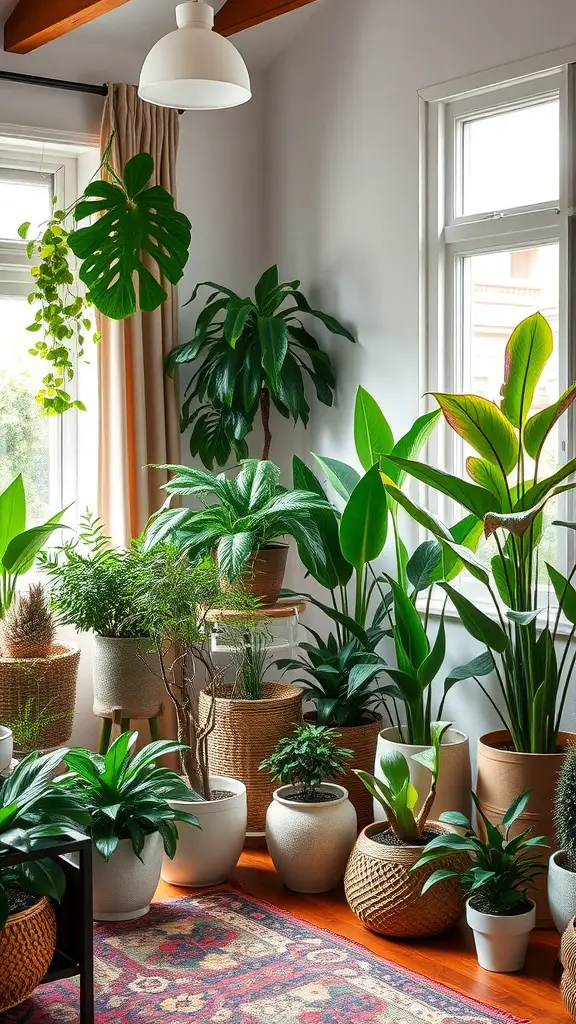 A cozy living room filled with various indoor plants in decorative pots, showcasing a vibrant and organic design.