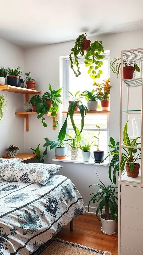 A cozy bedroom filled with various indoor plants, featuring shelves of greenery and a well-made bed.