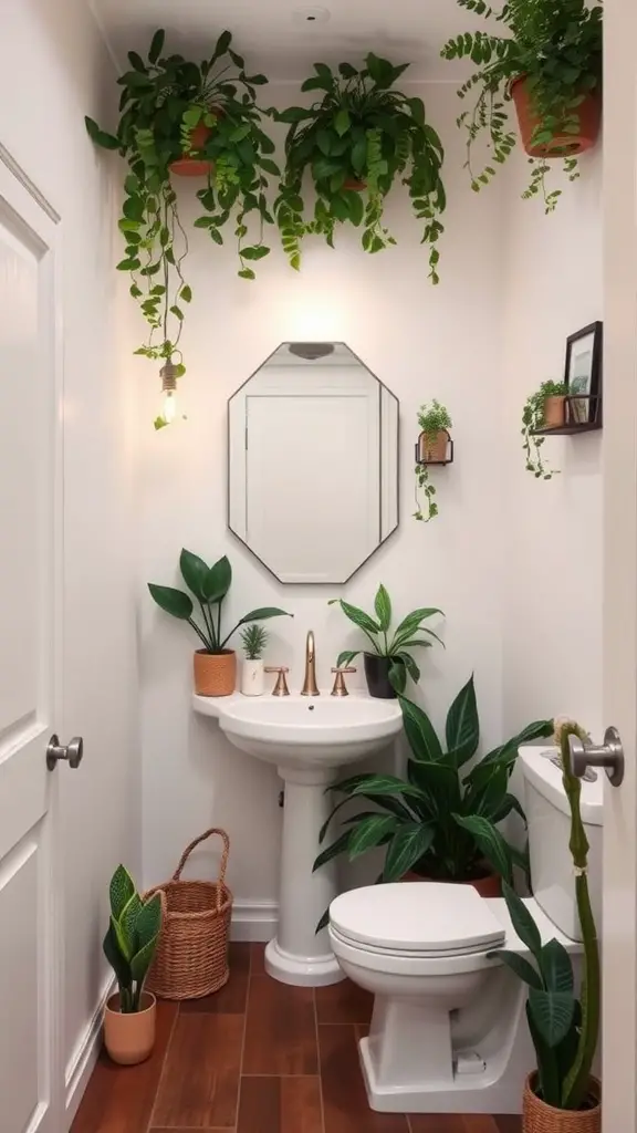 A cozy guest bathroom with various indoor plants, including hanging pots and potted plants around the sink.