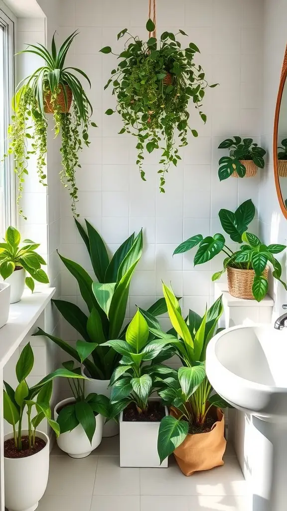 A bright bathroom filled with indoor plants in pots and hanging planters, creating a fresh and inviting atmosphere.