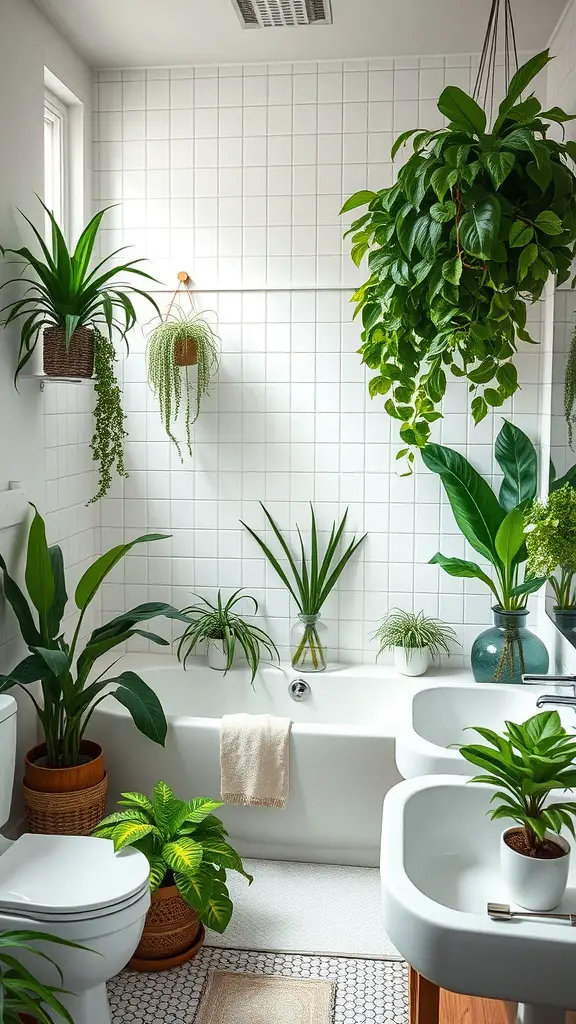 A cozy bathroom featuring various indoor plants in pots, with dark walls and modern fixtures.