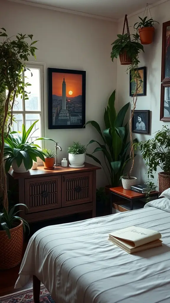A cozy bedroom with various indoor plants, a wooden cabinet, and soft bedding