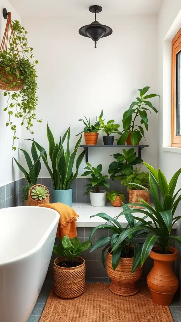 A cozy bathroom filled with various indoor plants, featuring a bathtub and a decorative pendant light.