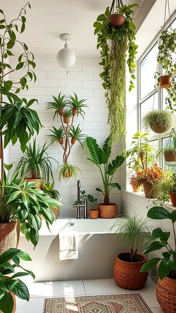 A bright bathroom filled with various indoor plants in clay pots and woven baskets.