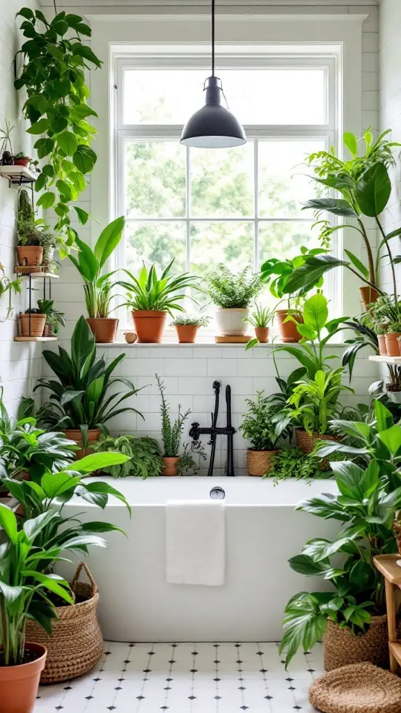 A bathroom filled with various indoor plants, showcasing a boho style with green foliage and colorful pots.