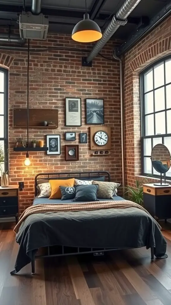 A stylish industrial chic bedroom featuring exposed brick walls, a metal bed frame, and cozy bedding.
