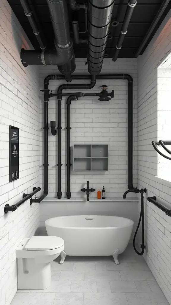 A minimalist industrial chic bathroom featuring exposed pipes, a white freestanding bathtub, and black fixtures.